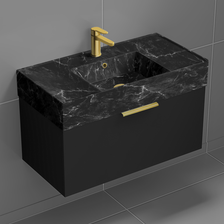 Nameeks DERIN958 Black Bathroom Vanity With Black Marble Design Sink, Floating, Modern, 32 Inch